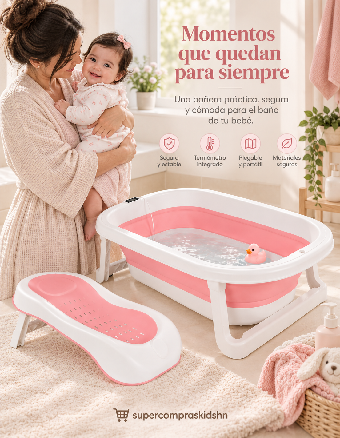 Bañera Plegable para Bebé con Soporte Especial