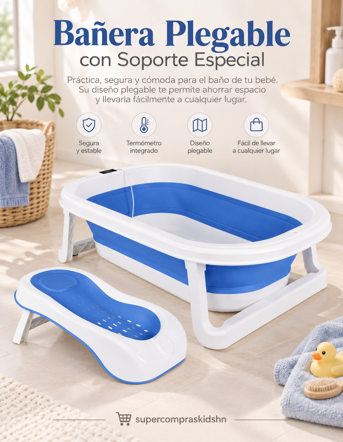 Bañera Plegable para Bebé con Soporte Especial